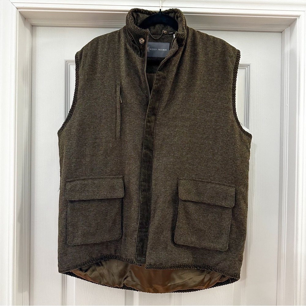 Hickey Freeman Wool Corduroy Tweed Zip Up Outdoor Field Barn Vest Brown sz Large